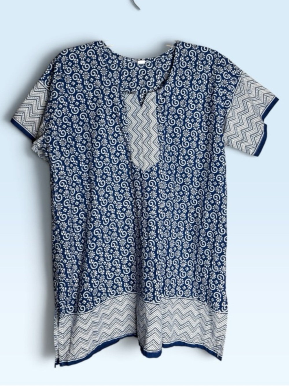 Blue White Indian Print Tunic Top XL Boho Geometric Floral
